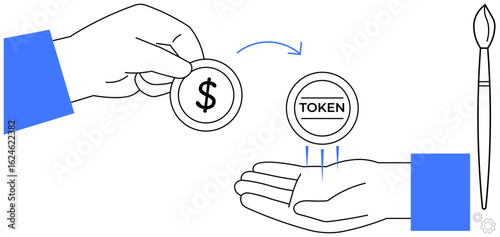 Hand giving a dollar coin, another receiving a token with a brush nearby, representing art and NFT exchange. Ideal for cryptocurrency, tokenization, art trade, e-commerce, fintech, blockchain simple
