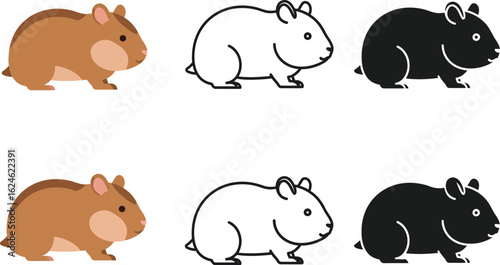 Set of three adorable cartoon hamsters in brown white and black colors shown from side view