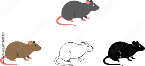 Collection of four stylized rodents including a gray mouse brown mouse white mouse outline and black mouse