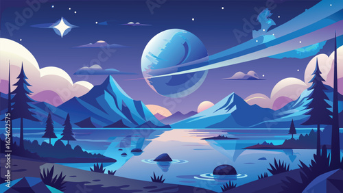 A beautiful winter mountain landscape at night with a bright moon and stars