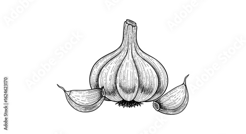 Hand-Drawn Botanical Garlic Illustration – Detailed Black and White Line Drawing of Whole Bulb with Two Curved Cloves on White Background