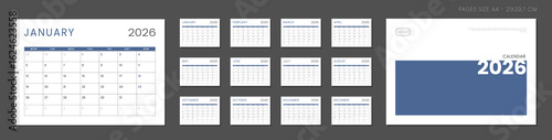 Set of 2026 Calendar Planner Template Pages Monthly, Cover with Place for Photo and Company Logo. Vector layout of a wall or desk organizer grid with week start Monday ready print. Pages A4-21x29.7cm