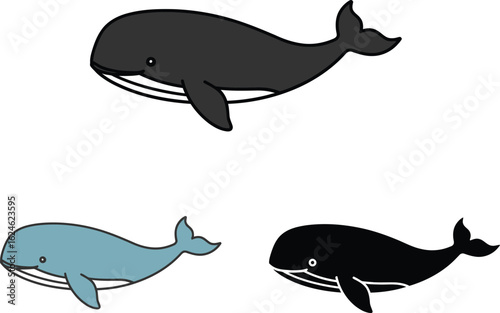 Collection of three stylized whale illustrations in different colors and poses on a white background