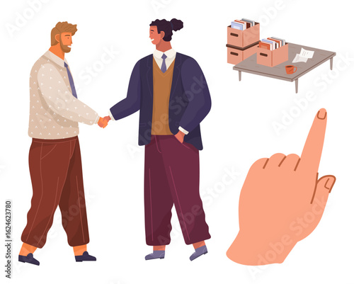 Two professionals confidently shaking hands, office desk with documents, stacked files, and pointing action. Ideal for partnership, agreement, negotiation, teamwork, business tasks career growth