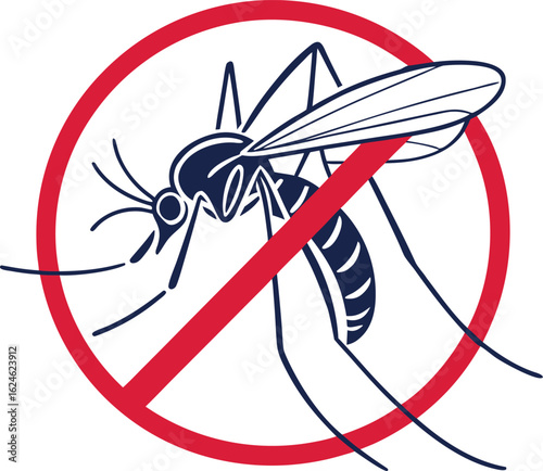 No mosquito zone warning symbol vector illustration in red and blue, ideal for pest control, health awareness, and anti-insect campaigns. Perfect for posters and safety signs. Clean and bold design.