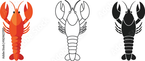 Three stylized illustrations of lobsters in different artistic styles including realistic color outline and silhouette