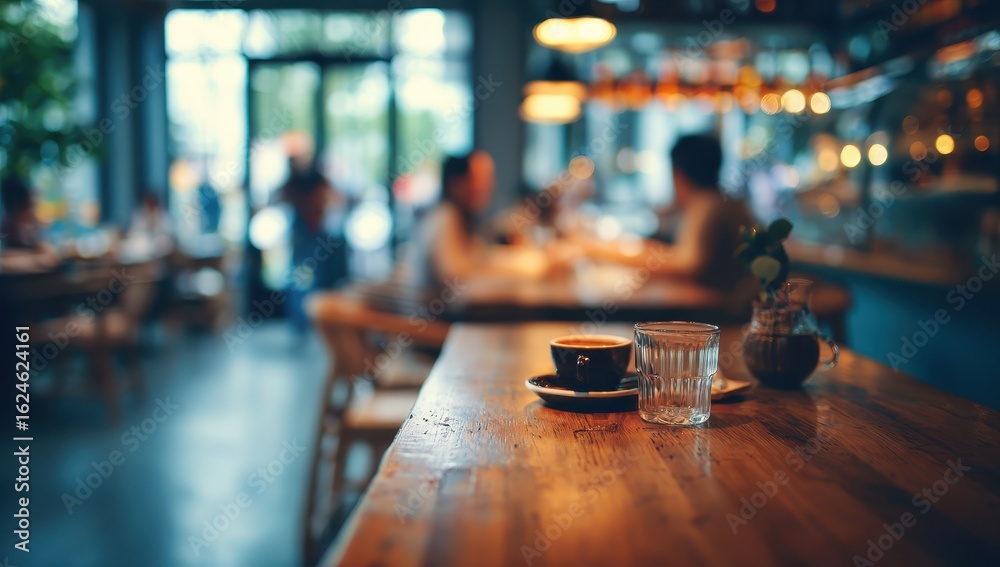 Cafe interior, blurred people, wooden table, coffee Cafe interior, blurred people, wooden table, coffee
