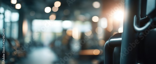 Blurred gym interior, fitness equipment details