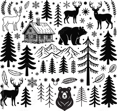 Winter Forest Wilderness Scene with Animals and Cabin
