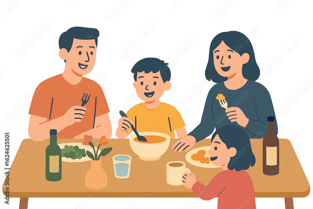 Obraz premium A festive dinner is depicted in a flat vector illustration, featuring cartoon parents and kids cooking together, preparing for Christmas and New Year's holidays, with a family and kitchen table
