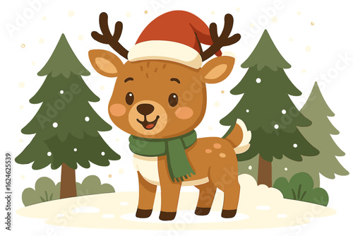 A charming reindeer donning a Santa hat and green scarf, prepared for Christmas festivities during winter celebration
