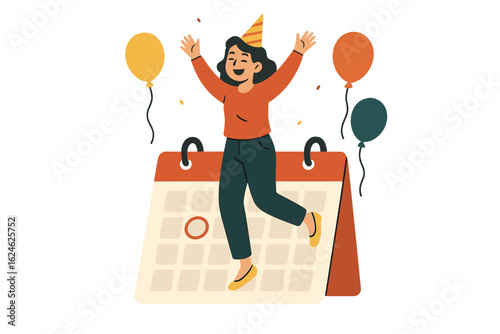 Isometric 3D vector illustration depicting a woman wearing a paper cone on her head, jumping happily during a birthday party celebration ceremony, surrounded by gifts and positive emotions
