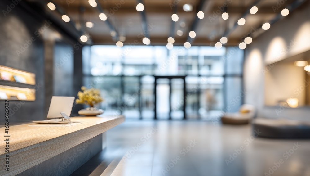 Fototapeta premium Modern hotel lobby, reception desk, blurred city view