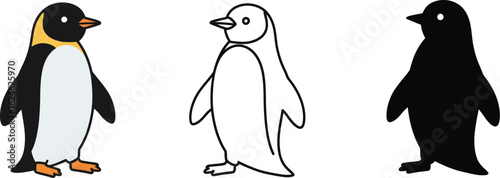 Three stylized penguins in different artistic styles including a colored illustration a line drawing and a silhouette