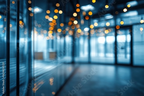 Blurry modern office interior with glass walls and lights