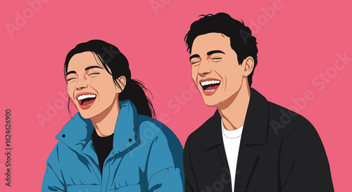 Couple laughing together with joyful mood, vector flat illustration, minimalist style with bold color blocks and smooth shading, solid color background