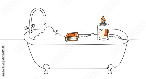 Cozy bathtub flowing into lit candle and open book in monoline vector illustration, continuous line with warm relaxing and self-care theme