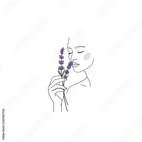 Minimalist person smelling lavender sprig with eyes closed, black and white line drawing vector illustration on white background with soft lilac and gray-green accents