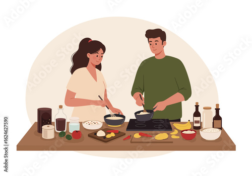Couple happily cooking together in a modern kitchen preparing a healthy meal with fresh ingredients