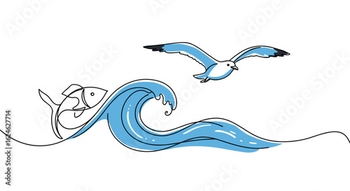 Stylized fish flowing into ocean wave and soaring seagull in monoline vector illustration, continuous line with dynamic marine and coastal theme