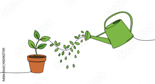 Potted plant transforming into watering can and sprouting leaves with calming nature mood, monoline vector illustration, continuous line design with fresh flat green accents