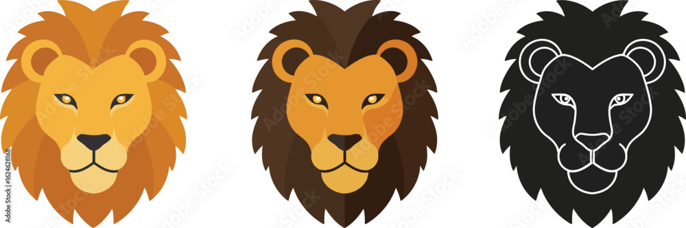 Obraz premium Three stylized lion heads in different colors and styles including a silhouette on a white background