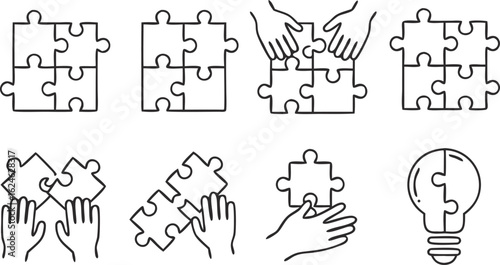 Vector Puzzle Icons Set,Teamwork, Problem Solving, Collaboration and Ideas in Minimal Line Style,Set of web icons,,puzzle pieces,symbol flat vector icon for apps and websites,Light bulb puzzle piece.