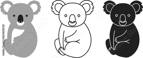 Three stylized illustrations of a cute koala bear in different artistic styles on a white background