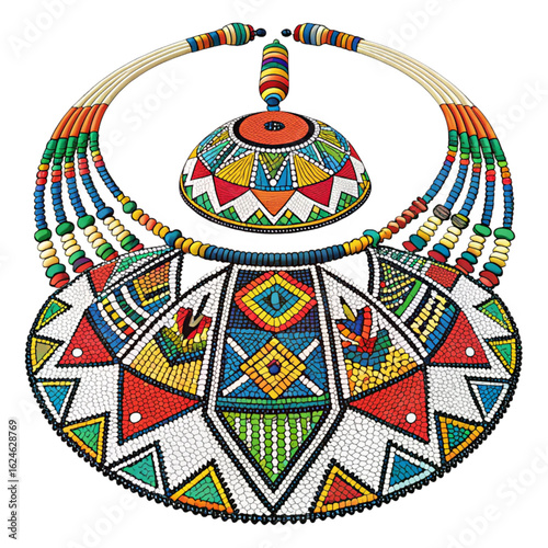 Vibrant Ndebele inspired beaded necklace and pendant set showcasing intricate craftsmanship