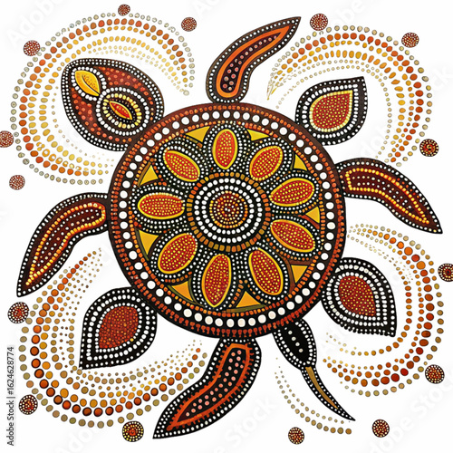 Vibrant Indigenous dot painting of a turtle symbolizing ancient storytelling and cultural heritage