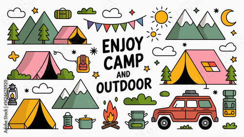 Enjoy camping and outdoor adventures with this fun illustration featuring tents, mountains, and a car ready for your next exciting trip