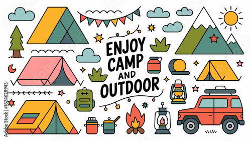 Enjoy camping and outdoor adventure with nature's beauty, tents, campfire, and exploration by vehicle, perfect for travel and recreation