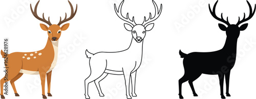 Three distinct artistic representations of a majestic stag with impressive antlers shown side by side