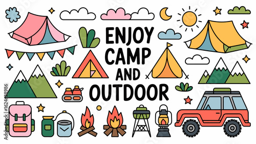 Get ready for summer fun with this delightful camping gear illustration, perfect for posters, stickers, and social media posts about outdoor adventures