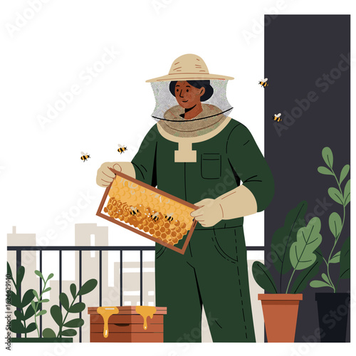 Person in protective beekeeping suit holding honeycomb frame on city balcony, semi-realistic flat vector, clean and modern style, isolated on white background