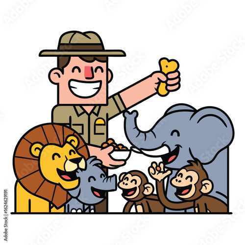 Joyful zookeeper feeding lions, elephants and monkeys in a safari