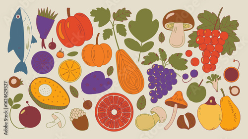 Vibrant harvest of fruits, vegetables, and fish artfully arranged in a fun, vintage-inspired style, perfect for healthy eating promotions