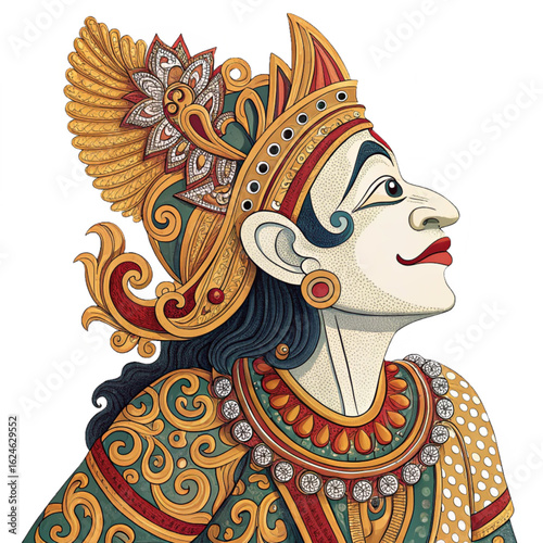 Majestic traditional dancer adorned in ornate gold and green costume with intricate headdress
