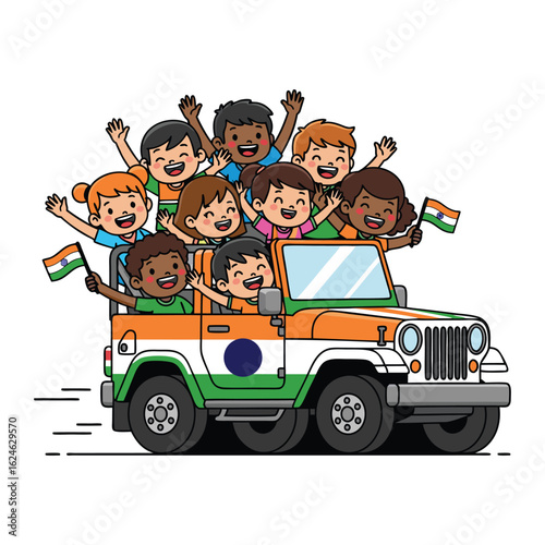 Group of joyful children celebrating in a decorated vehicle with