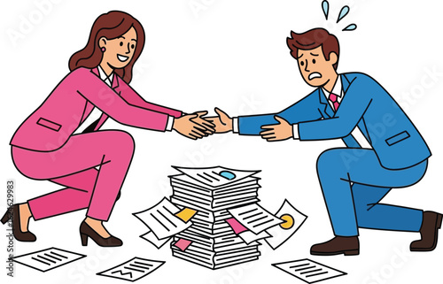 Business partners struggling with overwhelming paperwork