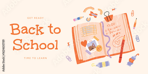 Back to school creative concept with open planner, pencils, scissors, paper clips, paint tubes and stationery. Hand-drawn school supplies layout. Vector illustration for posters, promo, banners