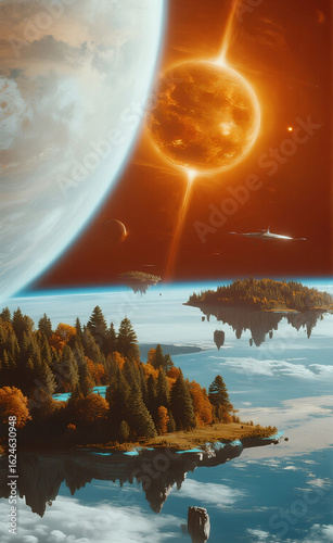 Surreal Dual Worlds: Floating Terrestrial Islands Beneath a Cosmic Sky Dominated by Giant Planets and a Fiery Sun, Hinting at Interdimensional Connections