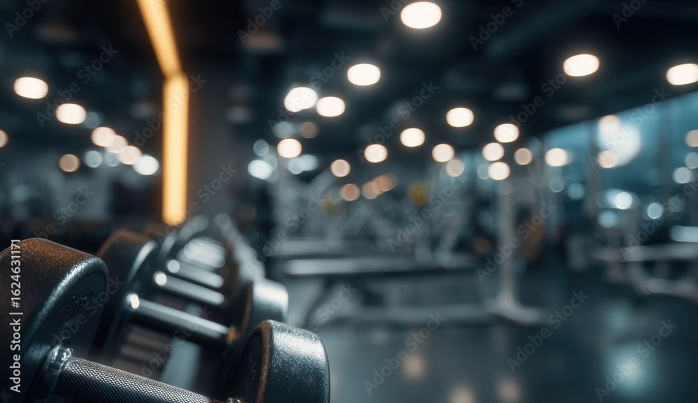 Fototapeta premium Gym dumbbells in focus, blurry fitness center background