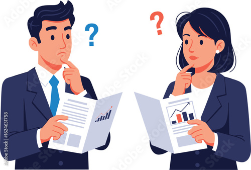 Business people confused reading documents with question marks