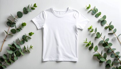 White t-shirt mockup flat lay with natural eucalyptus leaves. Blank apparel template for organic clothing design presentation.
