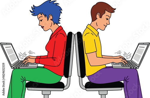 Two people working on laptops back to back