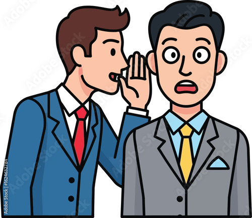 Man whispering secret to shocked colleague in office