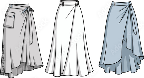 Fashionable high-waisted wrap skirts for women, elegant flowing midi and maxi length, versatile style for summer, spring, and fall seasons, vector illustration.