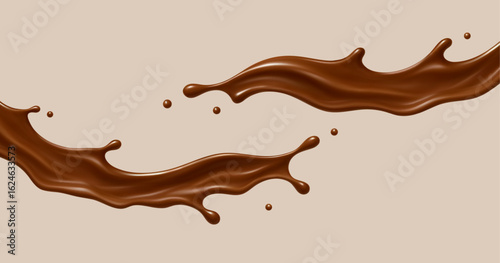 Realistic chocolate splash waves. Flowing cocoa liquid. Dessert concept. Vector illustration