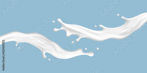 Milk splashes with smooth flowing shapes on blue background. 3D realistic dairy splashes. Vector illustration